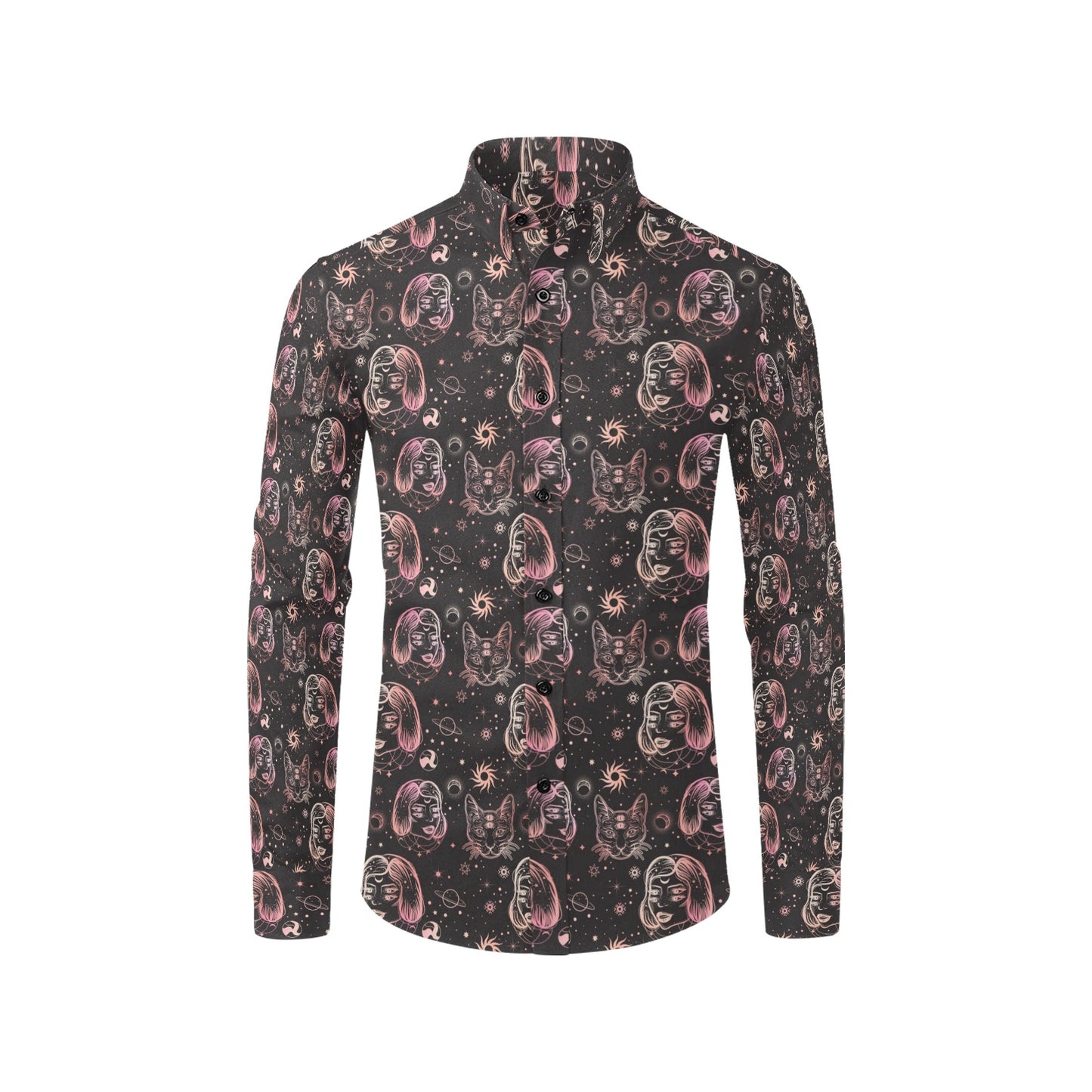 Third Eye Girl Cat Print Design LKS305 Men's Long Sleeve Dress Shirt