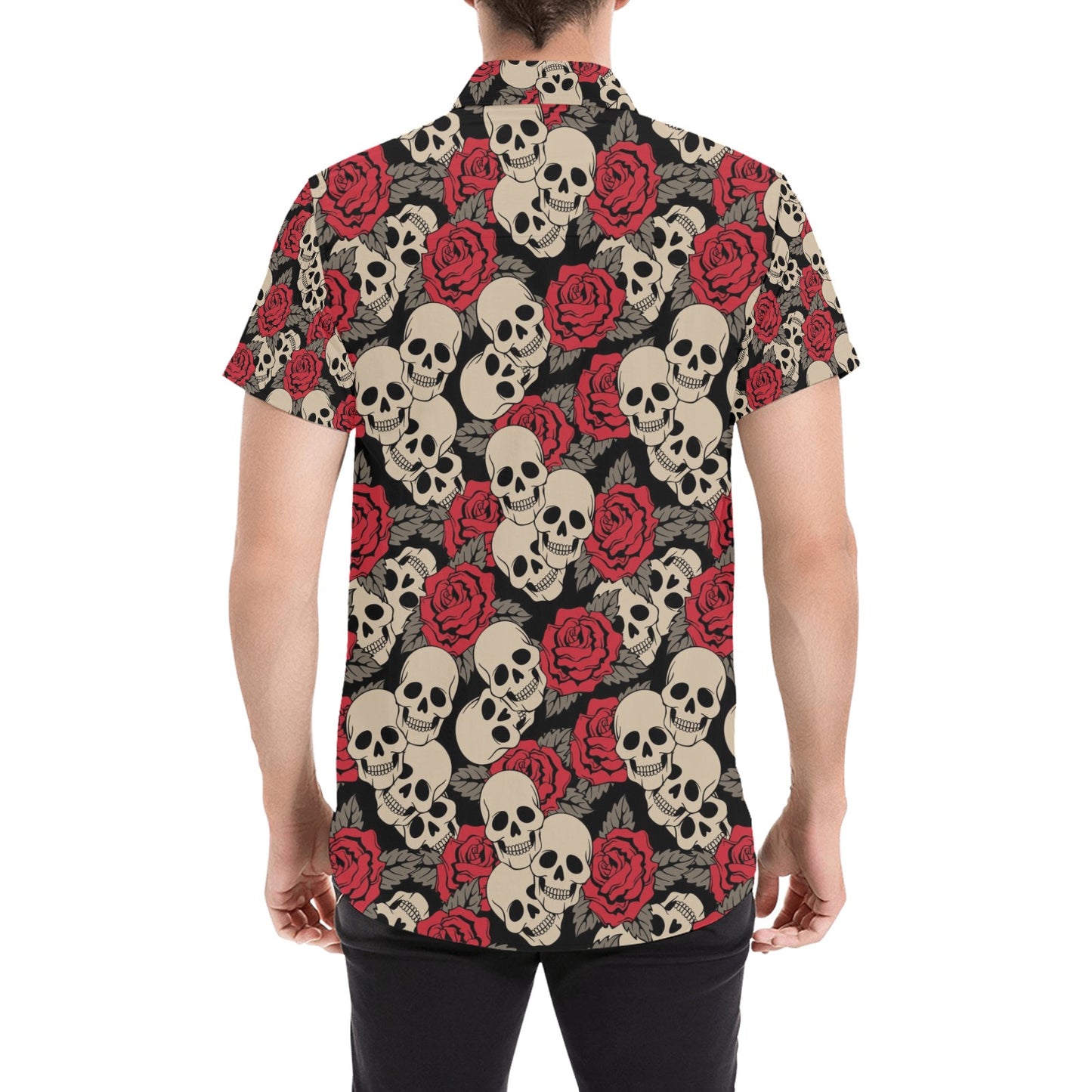 Skull And Roses Print Design LKS301 Men Short Sleeve Button Up Shirt
