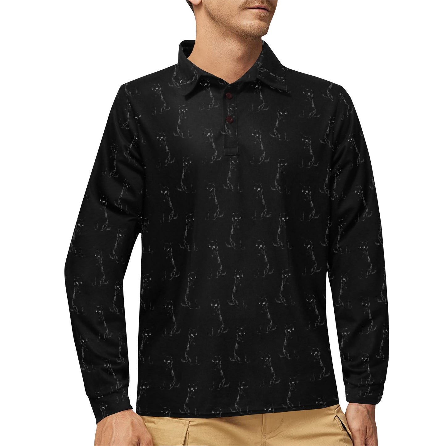 Black Cat Pattern Print Design 03 Long Sleeve Polo Shirt For Men's