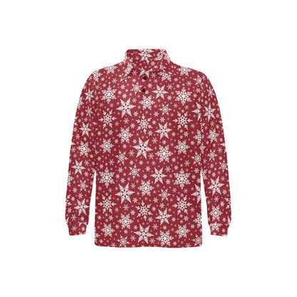 Snowflake Red Print Design LKS302 Long Sleeve Polo Shirt For Men's