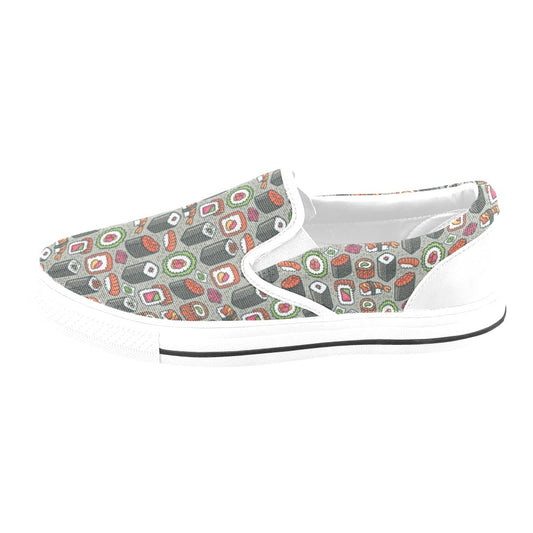 Sushi Print Design LKS301 White Slip Ons Canvas Women's Shoes