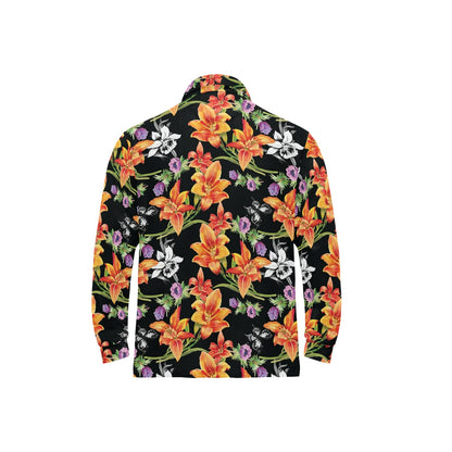 Tropical Flower Pattern Print Design TF02 Long Sleeve Polo Shirt For Men's