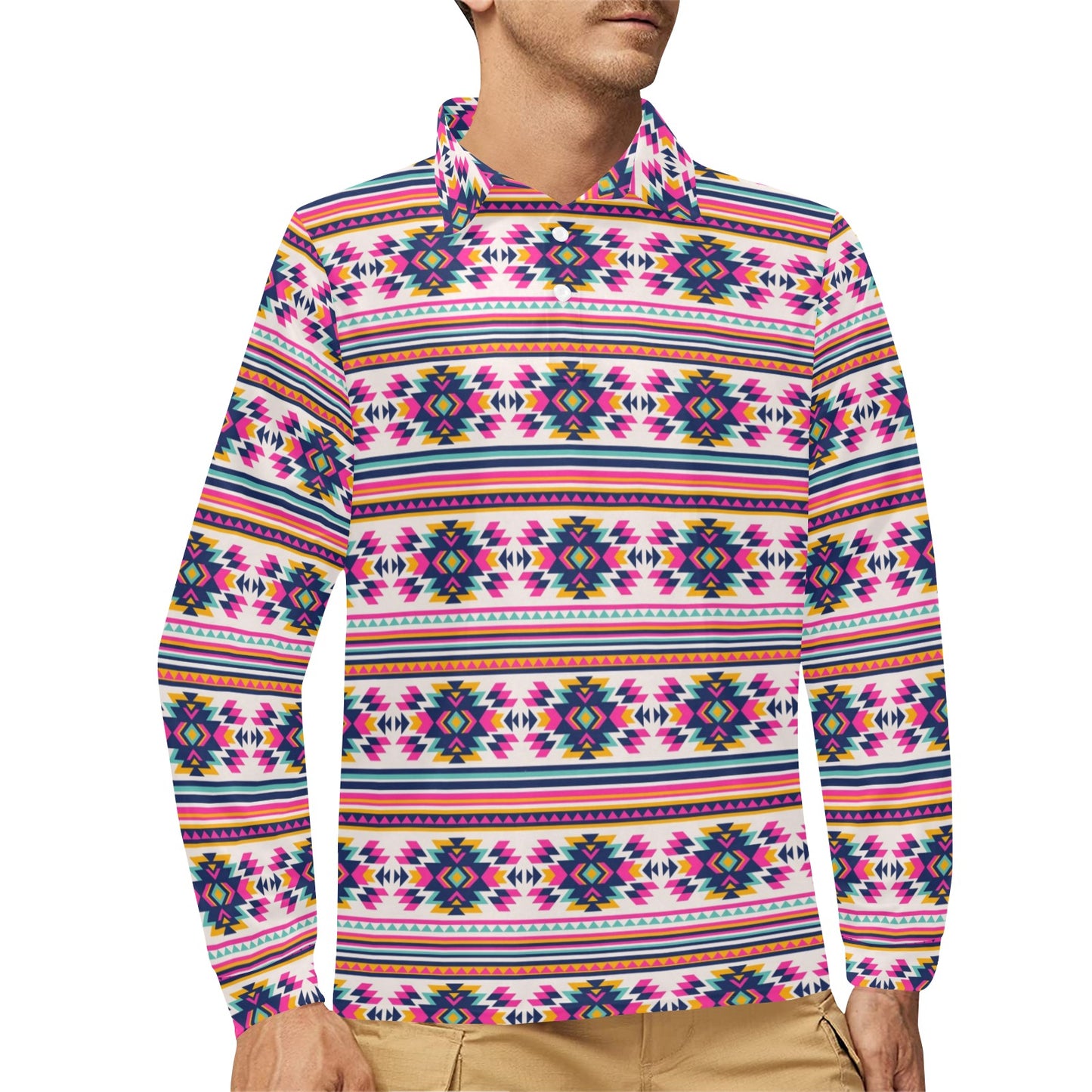 Indian Navajo Neon Themed Design Print Long Sleeve Polo Shirt For Men's
