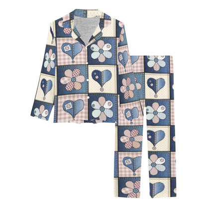 Patchwork Heart Flower Pattern Print Design 01 Women's Long Pajama Set