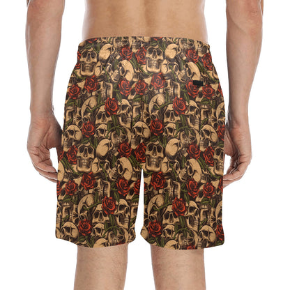 Skull Roses Vintage Design Themed Print Men's Swim Trunks Beach Shorts