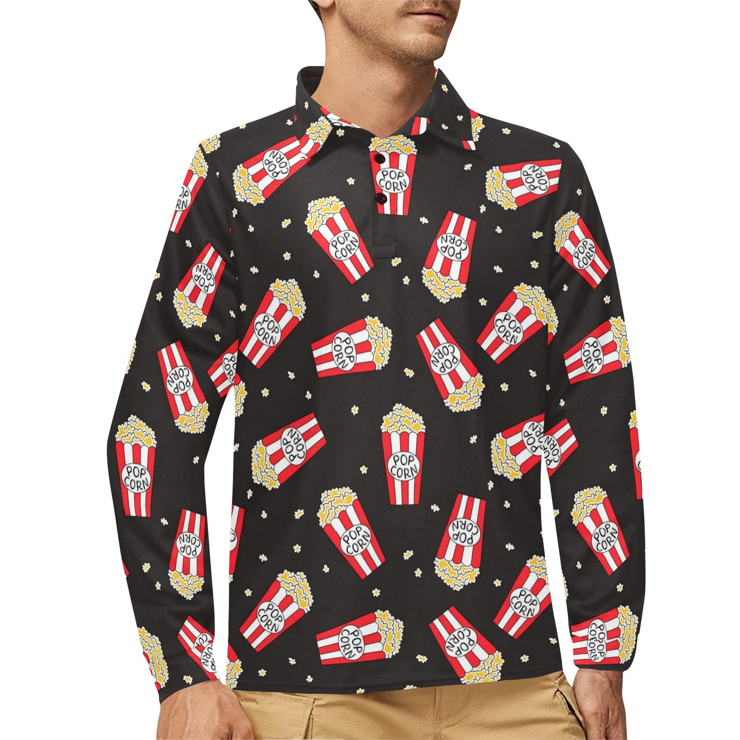 Popcorn Pattern Print Design A01 Long Sleeve Polo Shirt For Men's