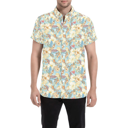 Summer Floral Print Design LKS302 Men Short Sleeve Button Up Shirt