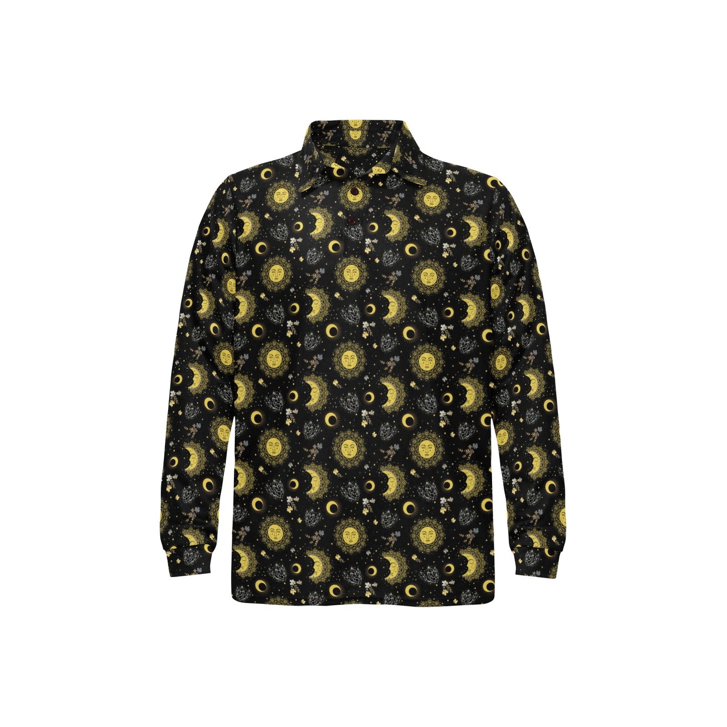 Sun Moon Golden Design Themed Print Long Sleeve Polo Shirt For Men's