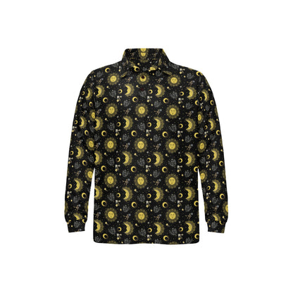 Sun Moon Golden Design Themed Print Long Sleeve Polo Shirt For Men's