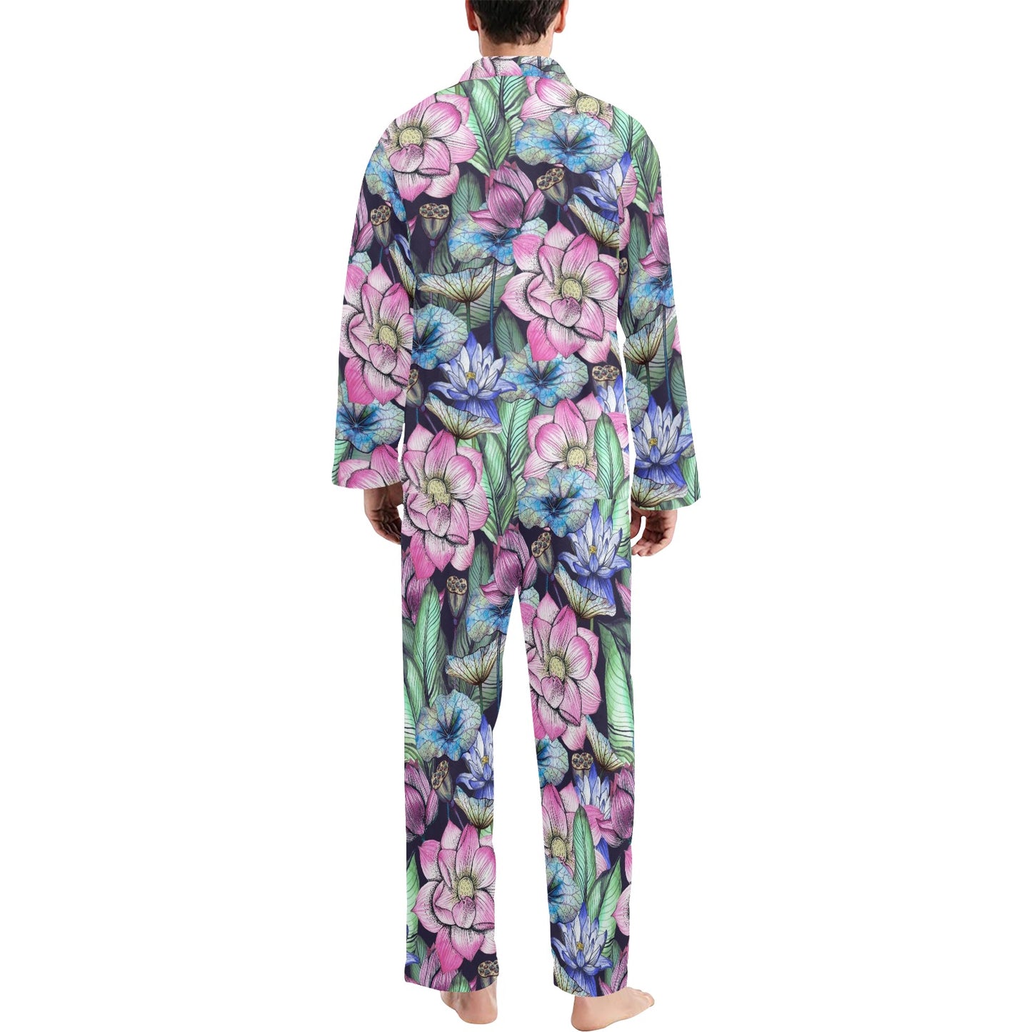Water Lily Pattern Print Design WL07 Men's Long Pajama Set