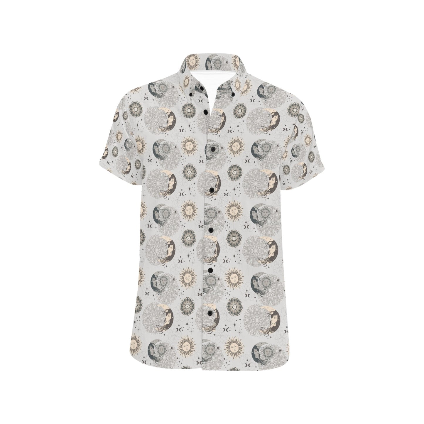 Sun Moon Print Design LKS302 Men Short Sleeve Button Up Shirt