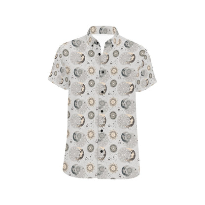 Sun Moon Print Design LKS302 Men Short Sleeve Button Up Shirt