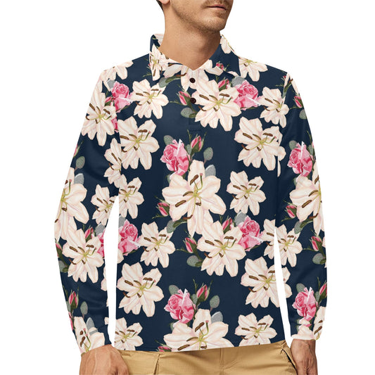 Lily Pattern Print Design LY04 Long Sleeve Polo Shirt For Men's