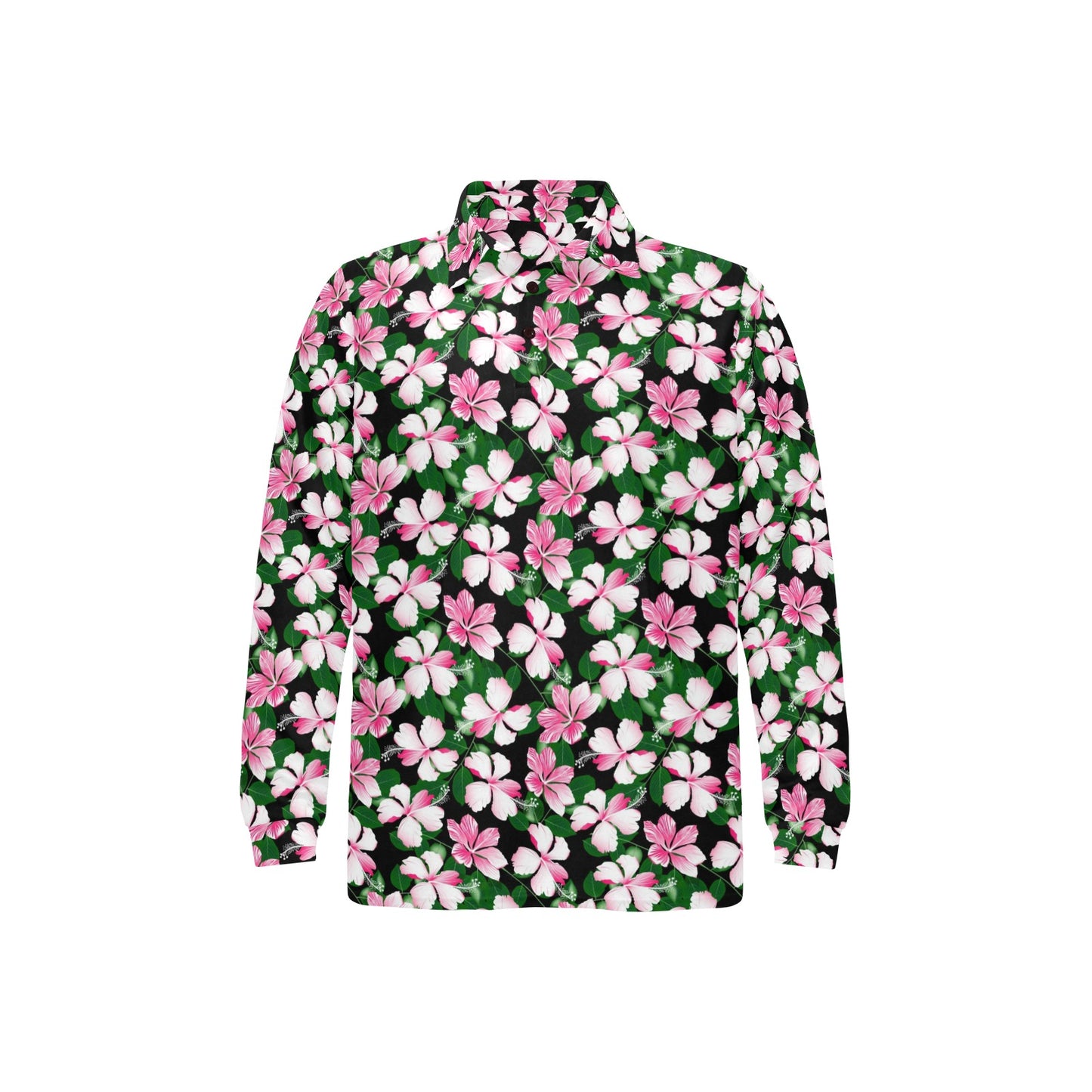 Hibiscus Pink Flower Hawaiian Print Long Sleeve Polo Shirt For Men's
