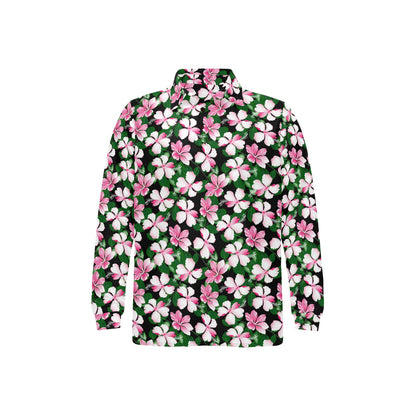 Hibiscus Pink Flower Hawaiian Print Long Sleeve Polo Shirt For Men's