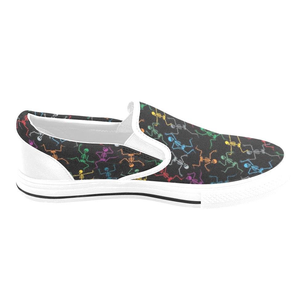 Skeleton Colorful Print Design LKS302 White Slip Ons Canvas Women's Shoes