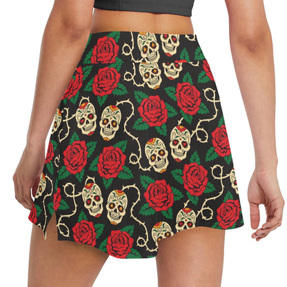 Sugar Skull Red Rose Print Design LKS301 17" Golf & Pickleball Skort with Pockets