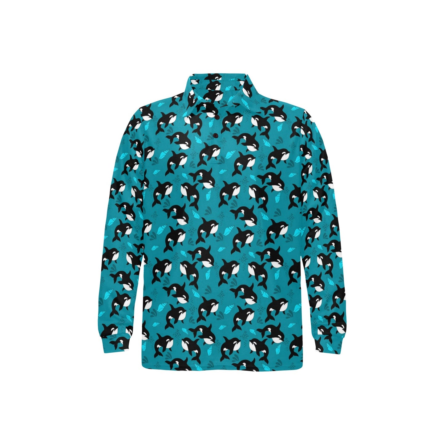 Whale Sea Design Themed Print Long Sleeve Polo Shirt For Men's