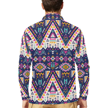 Pink Tribal Aztec native american Long Sleeve Polo Shirt For Men's
