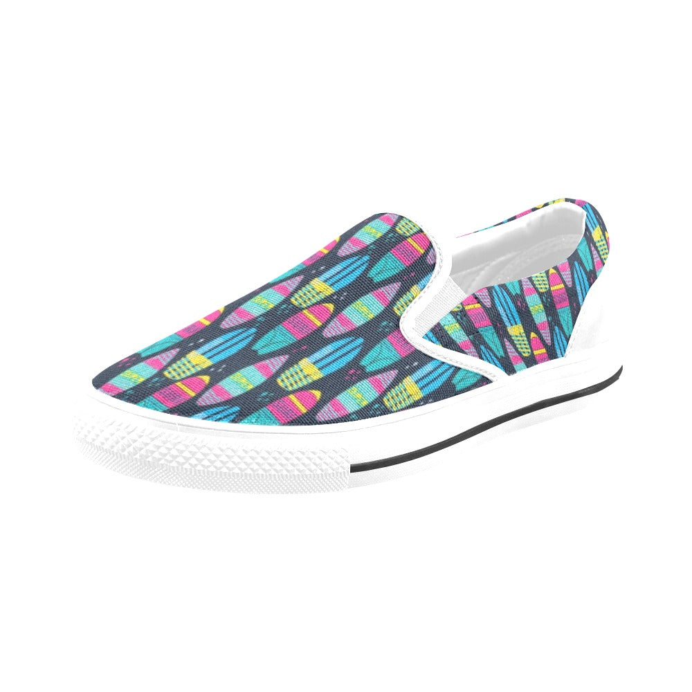 Surfboard Colorful Print Design LKS302 White Slip Ons Canvas Women's Shoes