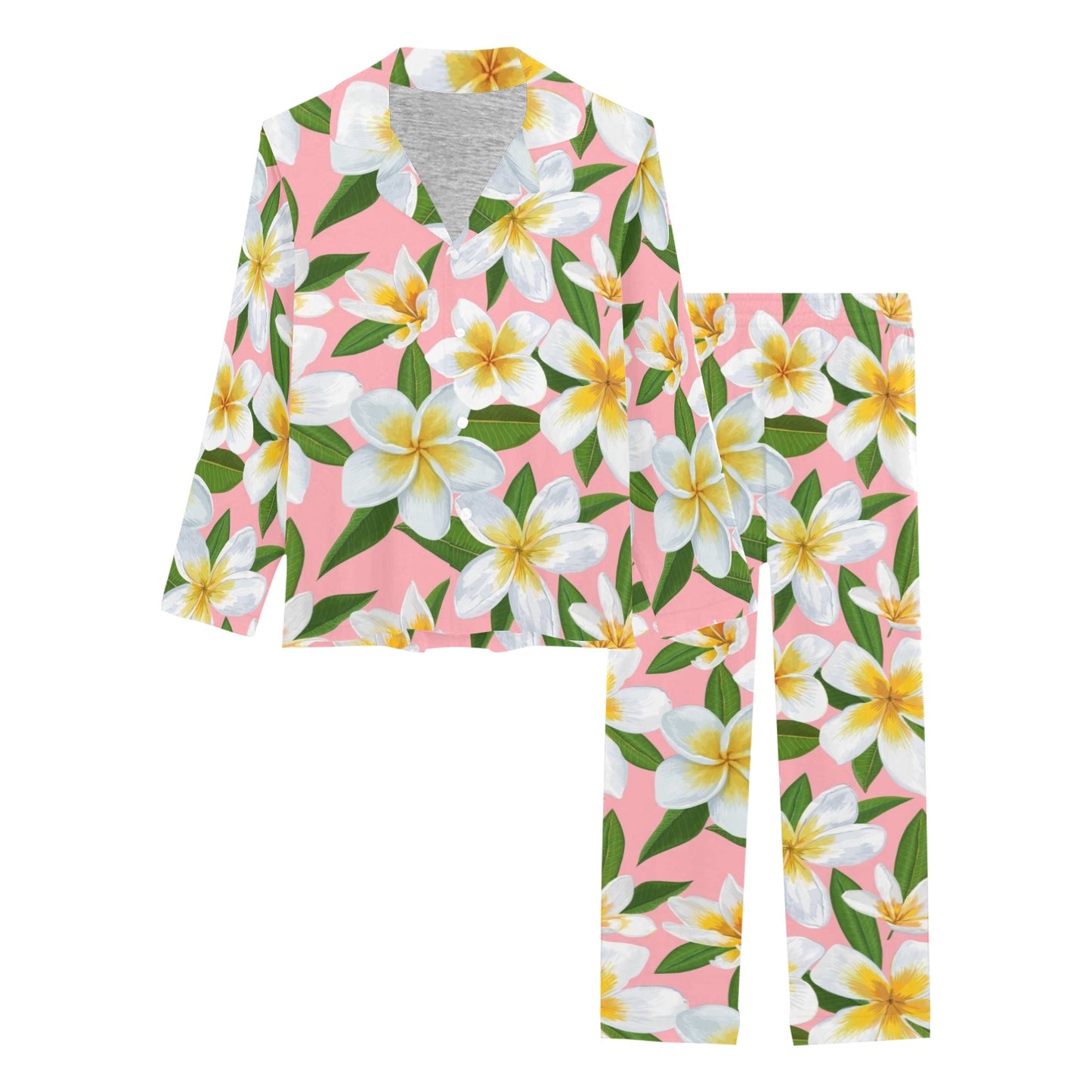 White Plumeria Pattern Print Design PM011 Women's Long Pajama Set