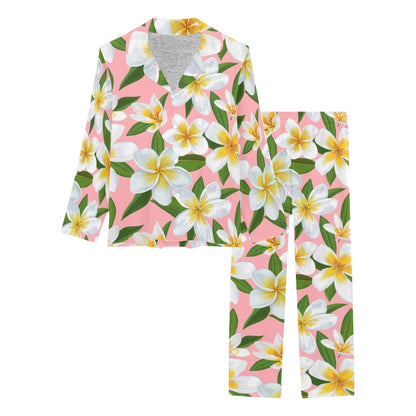 White Plumeria Pattern Print Design PM011 Women's Long Pajama Set