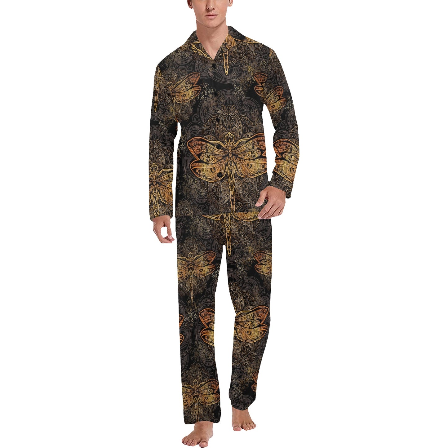 Gold Dragonfly Mandala Men's Long Pajama Set