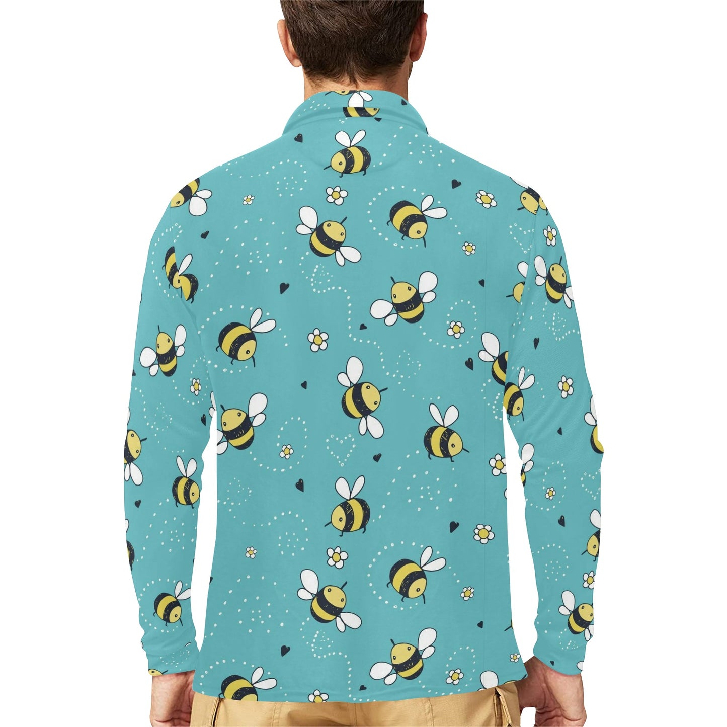 Bee Pattern Print Design BEE02 Long Sleeve Polo Shirt For Men's