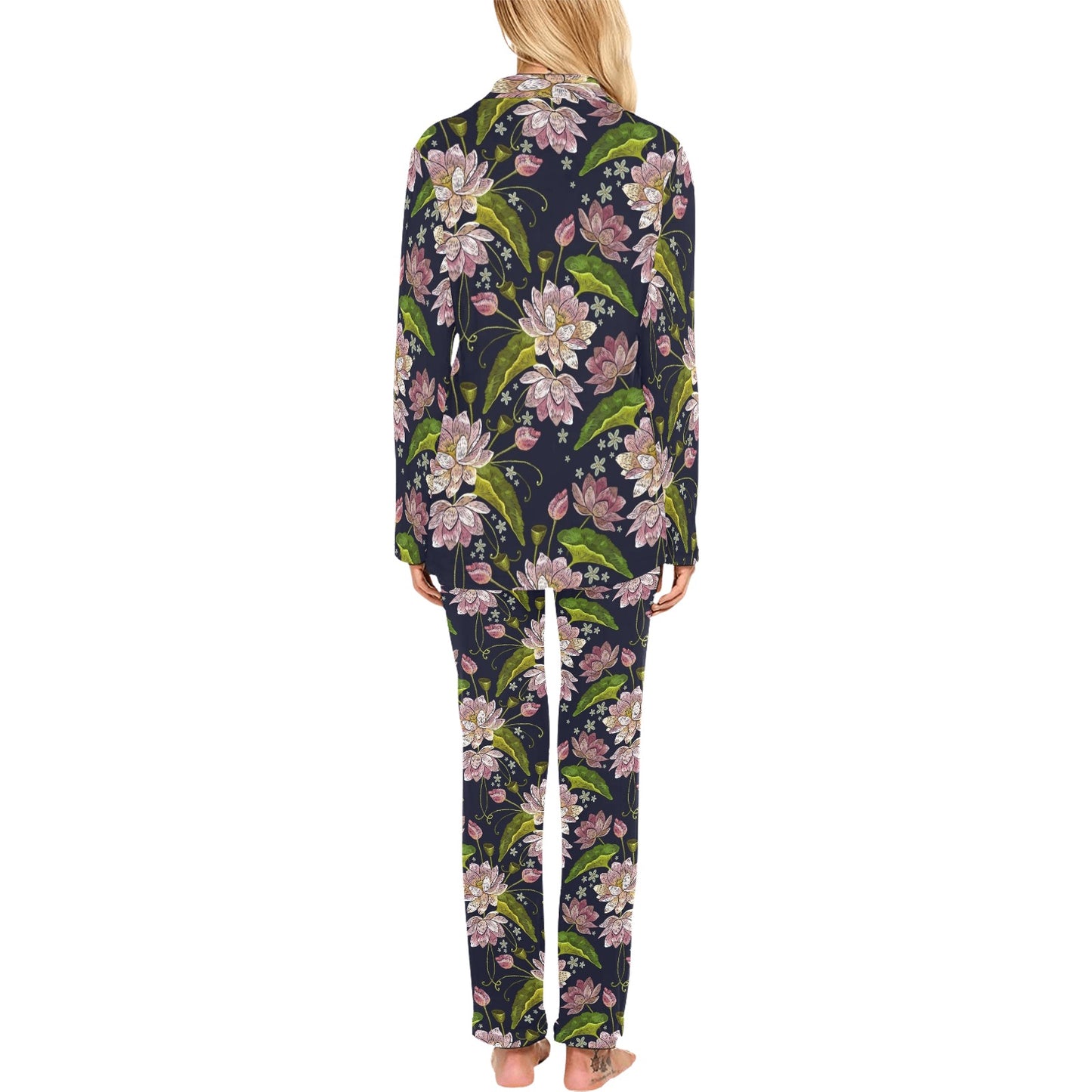 lotus Embroidered Pattern Print Design LO06 Women's Long Pajama Set