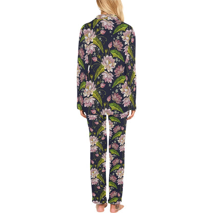lotus Embroidered Pattern Print Design LO06 Women's Long Pajama Set
