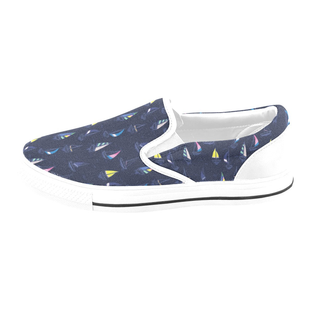 Sailboat Print Design LKS305 White Slip Ons Canvas Women's Shoes