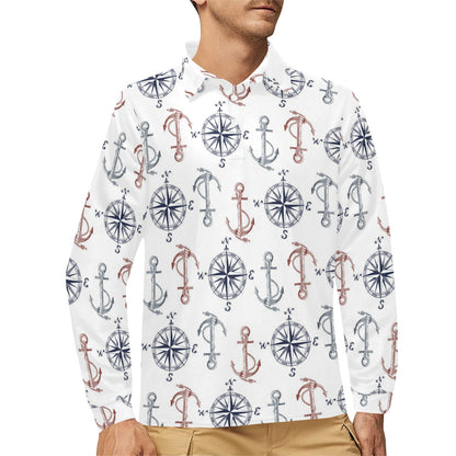 Anchor Pattern Print Design 06 Long Sleeve Polo Shirt For Men's
