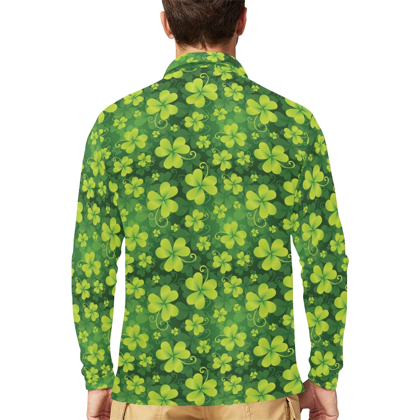 Shamrock Clover Print Long Sleeve Polo Shirt For Men's