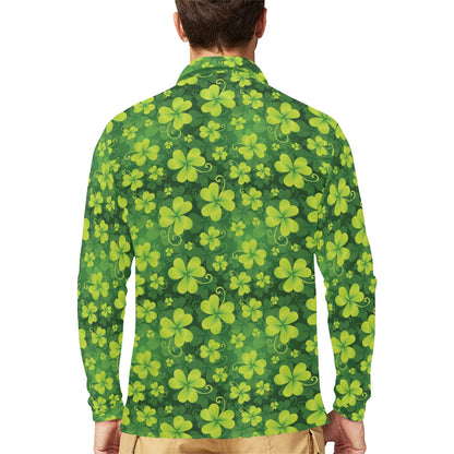 Shamrock Clover Print Long Sleeve Polo Shirt For Men's