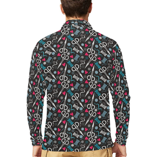 Sewing Equipment Print Design LKS305 Long Sleeve Polo Shirt For Men's