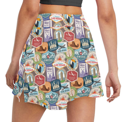 Travel Stamp Print Design LKS301 17" Golf & Pickleball Skort with Pockets