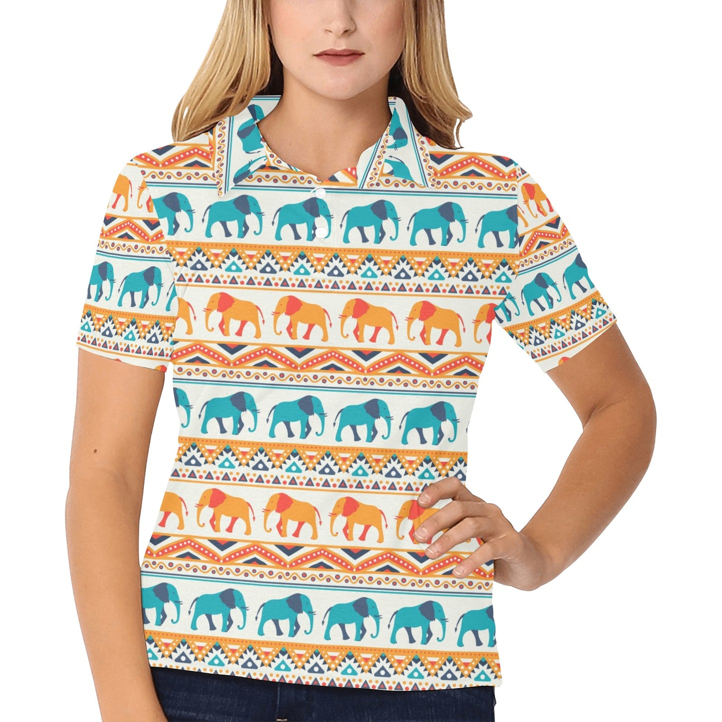 Elephant Aztec Ethnic Print Pattern Women's Polo Shirt