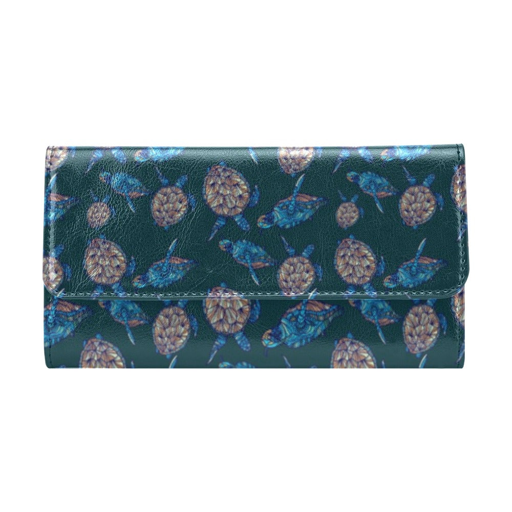 Sea Turtle Hand Drawn Blue Print Women's Trifold Wallet