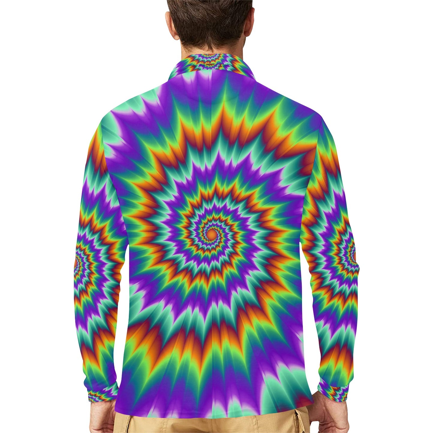 Optical illusion Pulsing fiery spirals Long Sleeve Polo Shirt For Men's