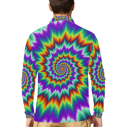 Optical illusion Pulsing fiery spirals Long Sleeve Polo Shirt For Men's