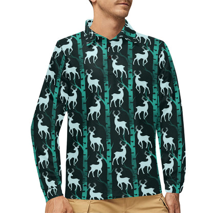 Deer Jungle Print Pattern Long Sleeve Polo Shirt For Men's