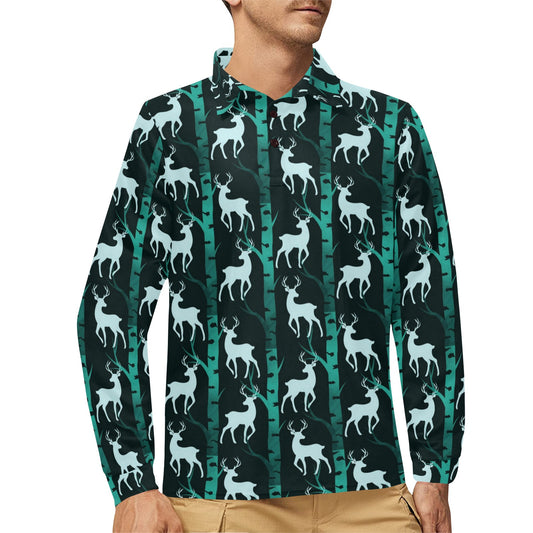 Deer Jungle Print Pattern Long Sleeve Polo Shirt For Men's