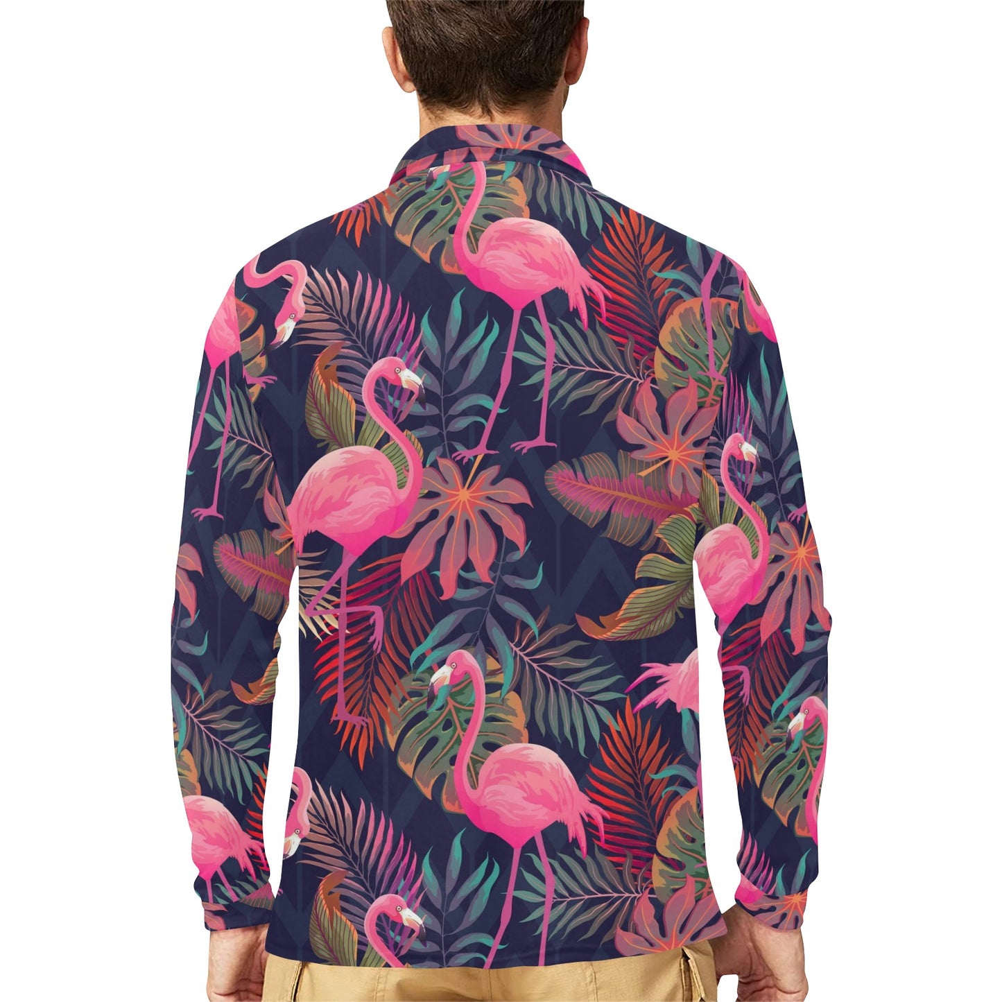 Flamingo Tropical Pattern Long Sleeve Polo Shirt For Men's