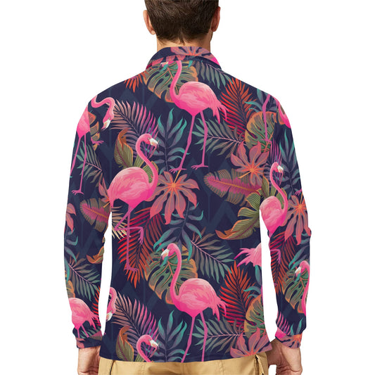 Flamingo Tropical Pattern Long Sleeve Polo Shirt For Men's