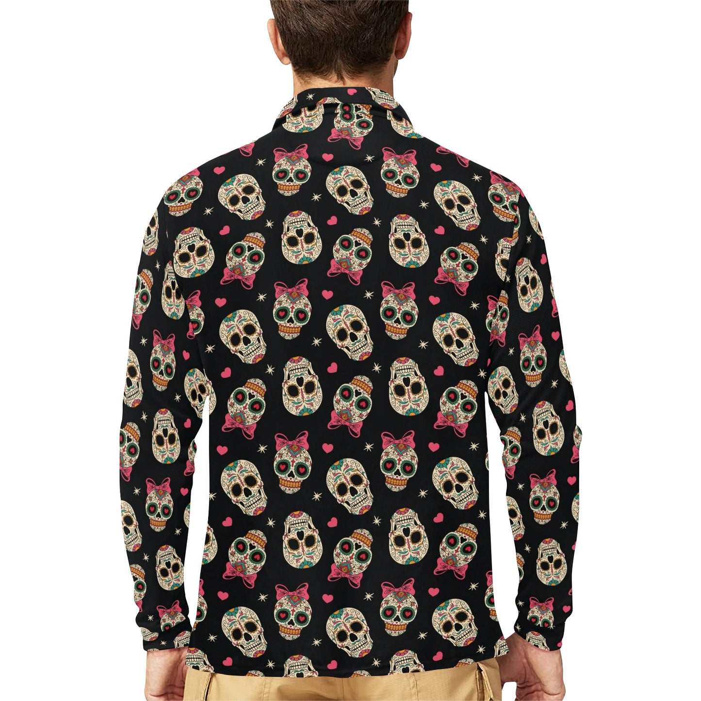 Sugar Skull Pink Bow Themed Print Long Sleeve Polo Shirt For Men's