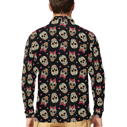 Sugar Skull Pink Bow Themed Print Long Sleeve Polo Shirt For Men's