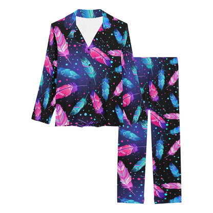 Feather Colorful Boho Design Print Women's Long Pajama Set