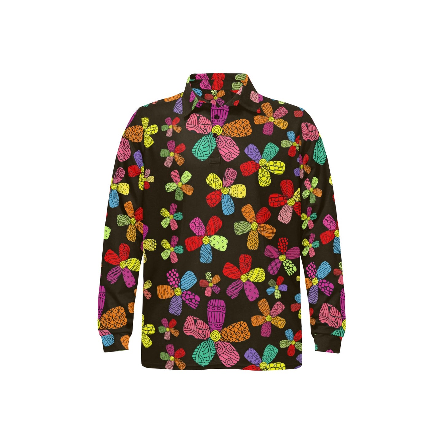 Flower Power Colorful Print Pattern Long Sleeve Polo Shirt For Men's