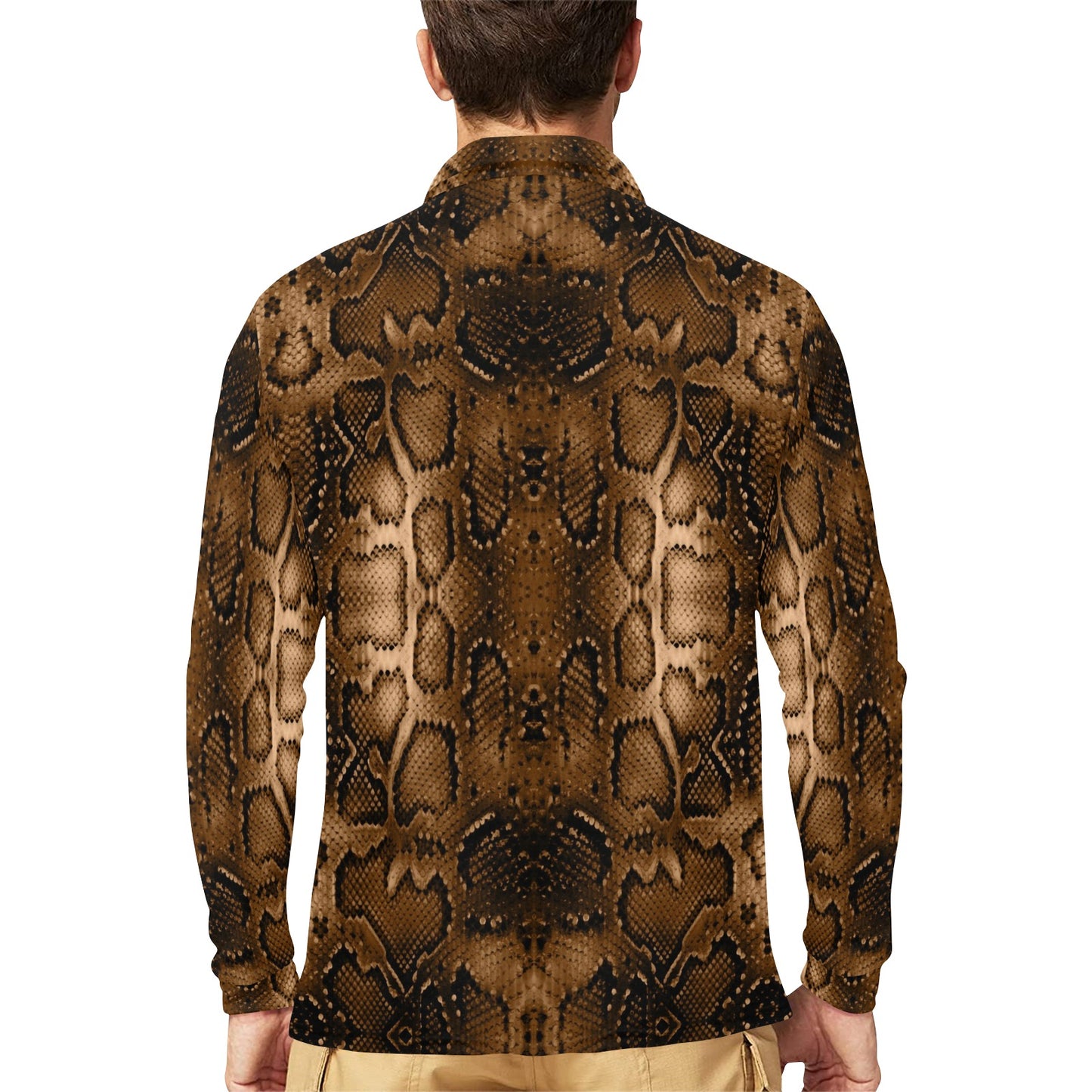 Snake Skin Brown Print Long Sleeve Polo Shirt For Men's