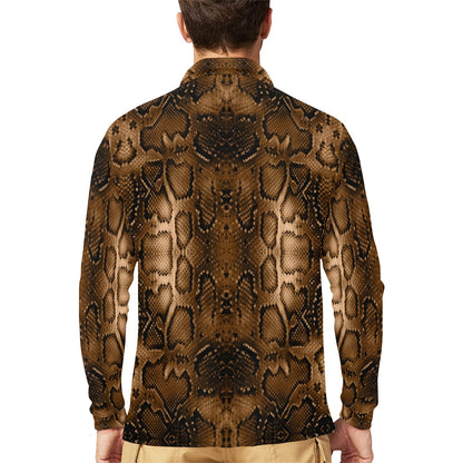 Snake Skin Brown Print Long Sleeve Polo Shirt For Men's